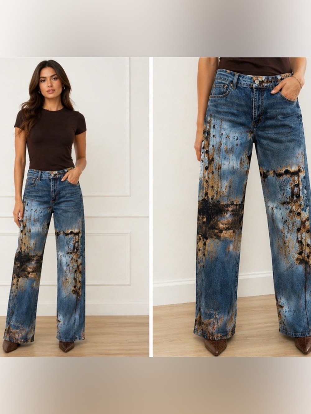 Artisan Distressed Wide-Leg Denim Jeans in Blue and Rust